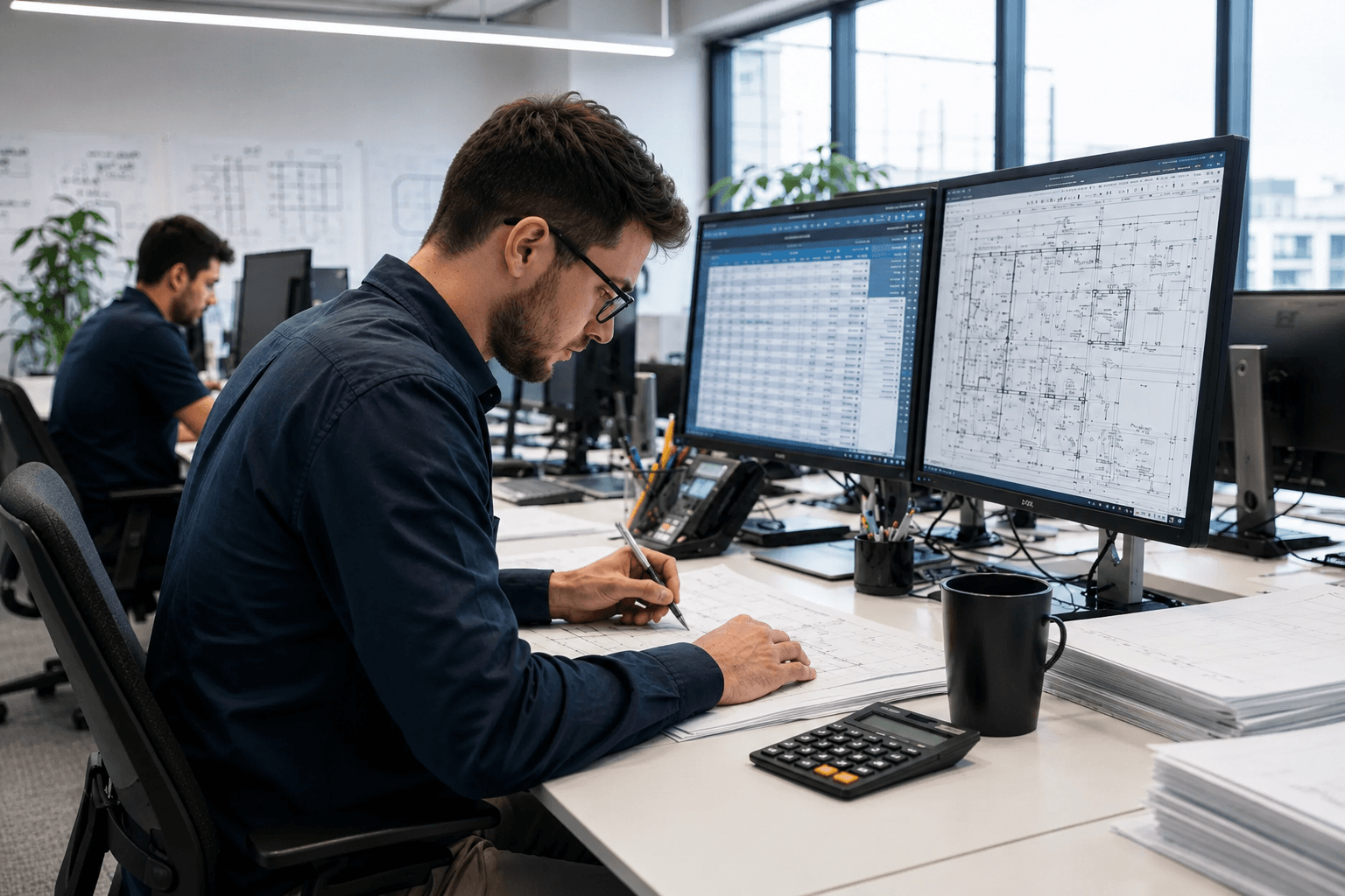 Engineer reviewing blueprints on site